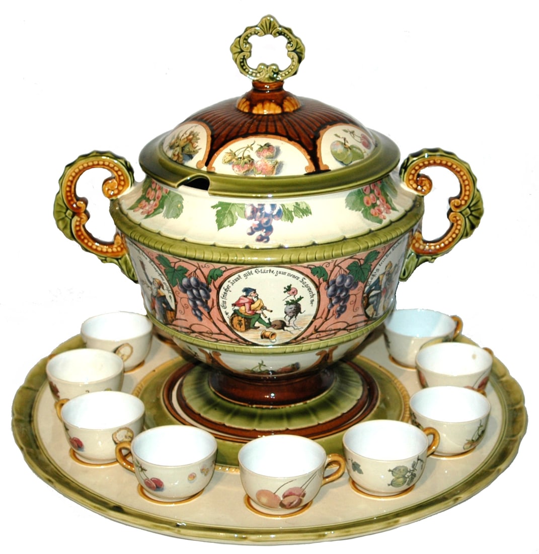 Mettlach Dwarf Punch Bowl & 12 Cups w Underplate (1 of 5)