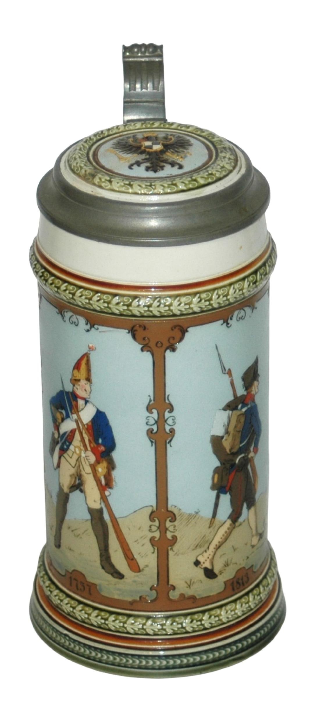 Mettlach Four Periods of Military Uniforms Stein: Mettlach #1954 Etched 1/2L. Four periods of military uniforms, 1689, 1757, 1813 and 1889. Inlay lid. Mint.