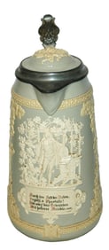 Mettlach 3L Musician & Verse Relief Stein w Inlay