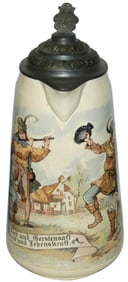 Mettlach 3L Flute & Bagpipe Player & Couple Stein