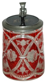 Wheel-Cut Ruby Stained Floral c.1850 Glass Stein