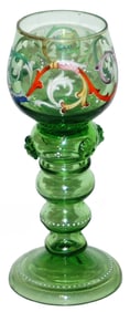 Enamel Floral Green Glass Goblet w Prunts