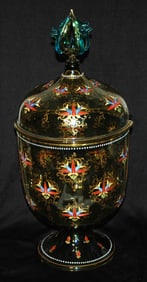 18" Punch Bowl Enamel Floral Glass w Matched Lid