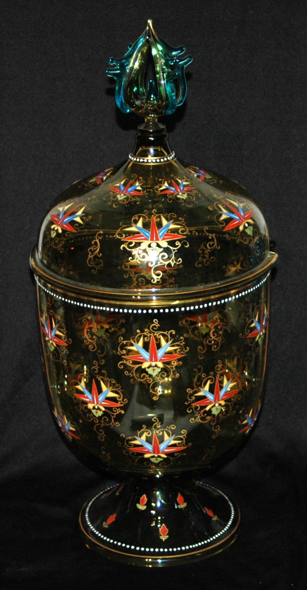 18" Punch Bowl Enamel Floral Glass w Matched Lid (1 of 3)