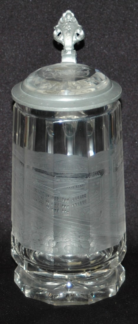 Wheel-Cut US Brewery Works Glass Stein w Prism Lid (1 of 4)