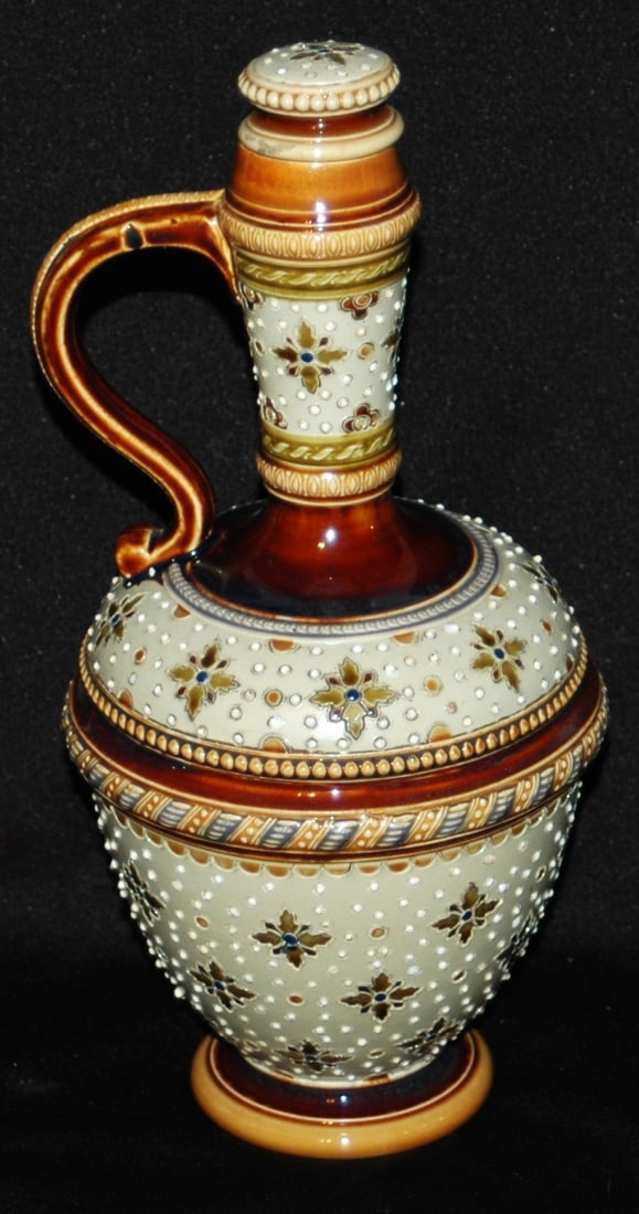 Mettlach SET - 6 Floral Design Cups & Decanter: Mettlach #1323 Mosaic 9" Decanter. Floral design with set in cap. Six matching 2" Schnapps cups.