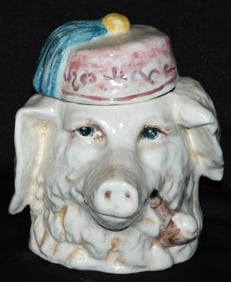 Pig wearing Fez Hat Majolica Tobacco Jar