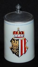 4/10L Blown Milk Glass Enameled City Shield Stein