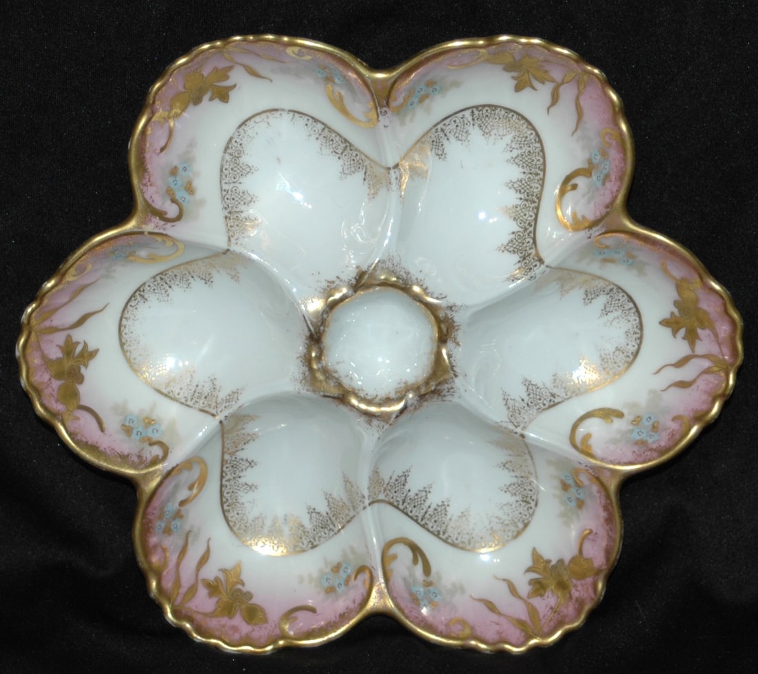 A K Lemoge Oyster Plate Detailed Floral 6 Wells: A K Lemoge 9 1/2" Oyster Plate. Detailed gilded floral designs in 6 wells. Mint.