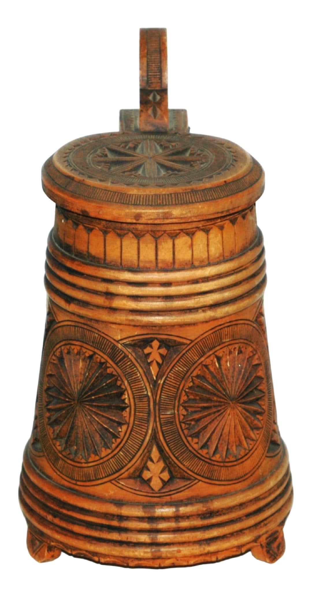 3 Footed  Detailed Chip Carved Wood Stein c.1900 (1 of 4)