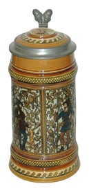 Mettlach 1L Four Hunter & Floral Panels Stein