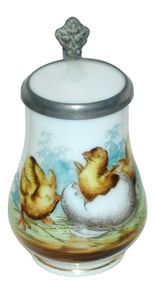 1/8L Milk Glass Stein w Enamel Chicks & Inlay Lid