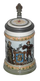 1/4L Mettlach Etched Couple Stein w Inlay Lid
