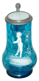 1/4L White Enamel Boy Blue Glass Stein