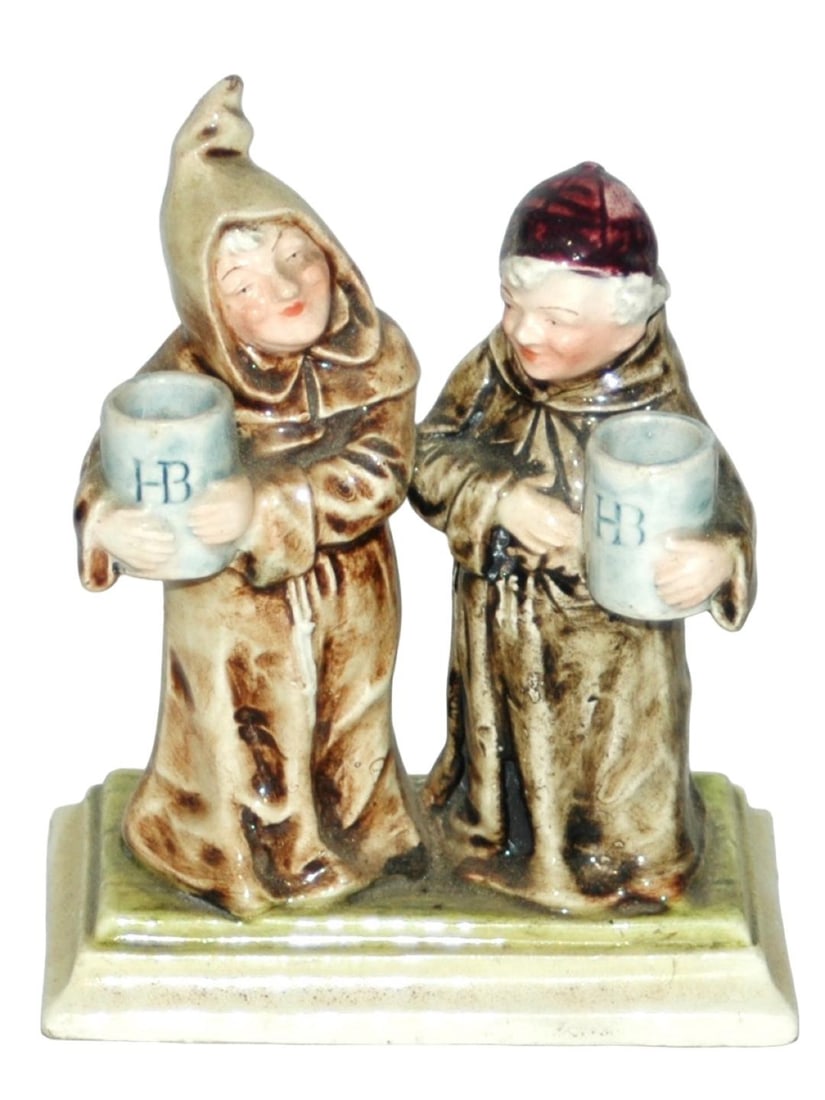 Munich Child & Monk Majolica Figure w HB Stein: Austrian Majolica 4 3/4” Figure. Munich Child and monk hold HB steins. Mint.