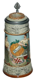 4F Men at Barrel Etched Stein w Inlay Lid