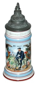 Man on Bicycle Porcelain Stein w Litho