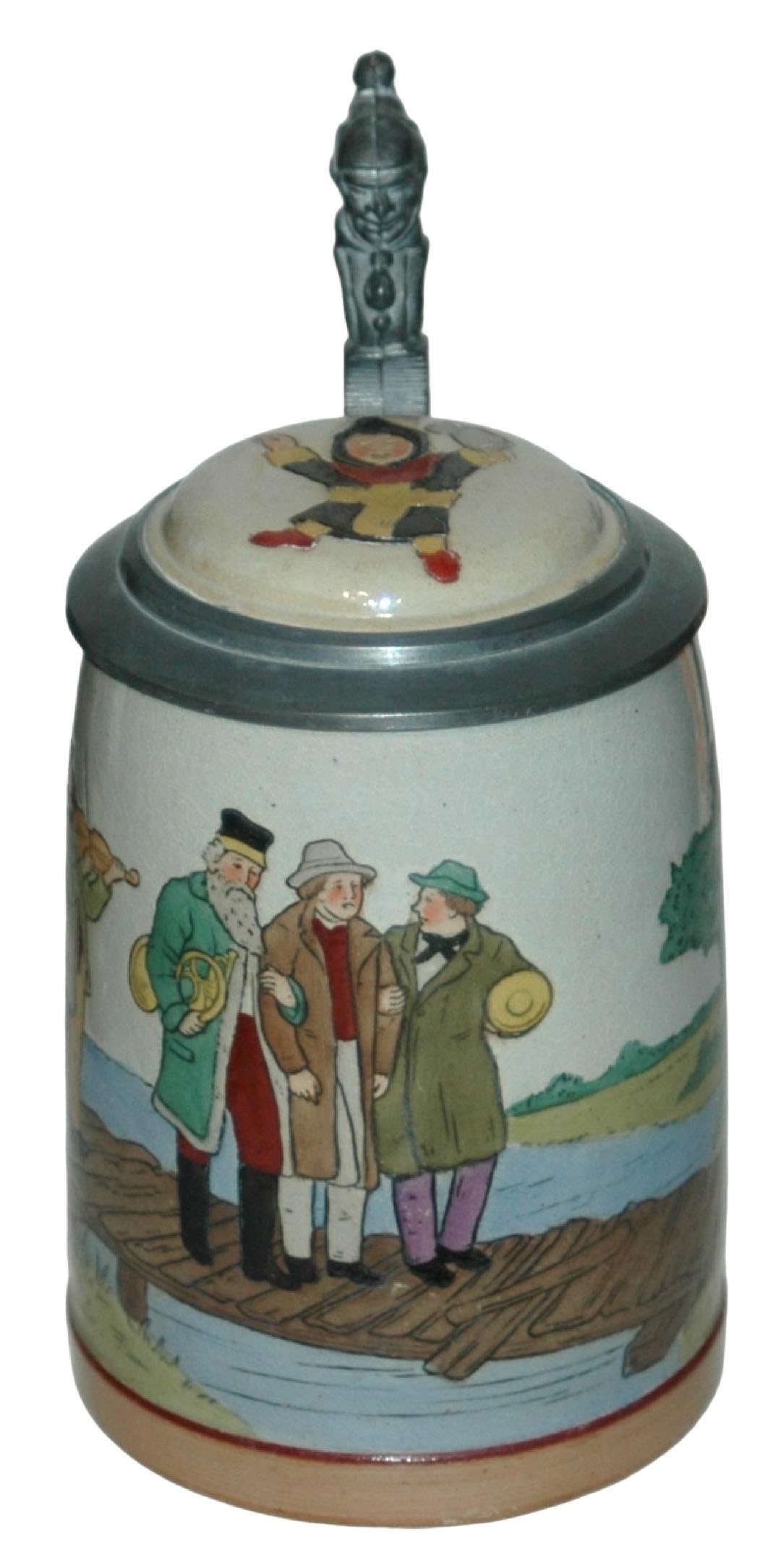 Musicians on Bridge Etched Stein w Inlay Lid: Pottery Marzi & Remy #1636 Etched 1/2L. Musicians walk across bridge. Inlay lid. Mint.