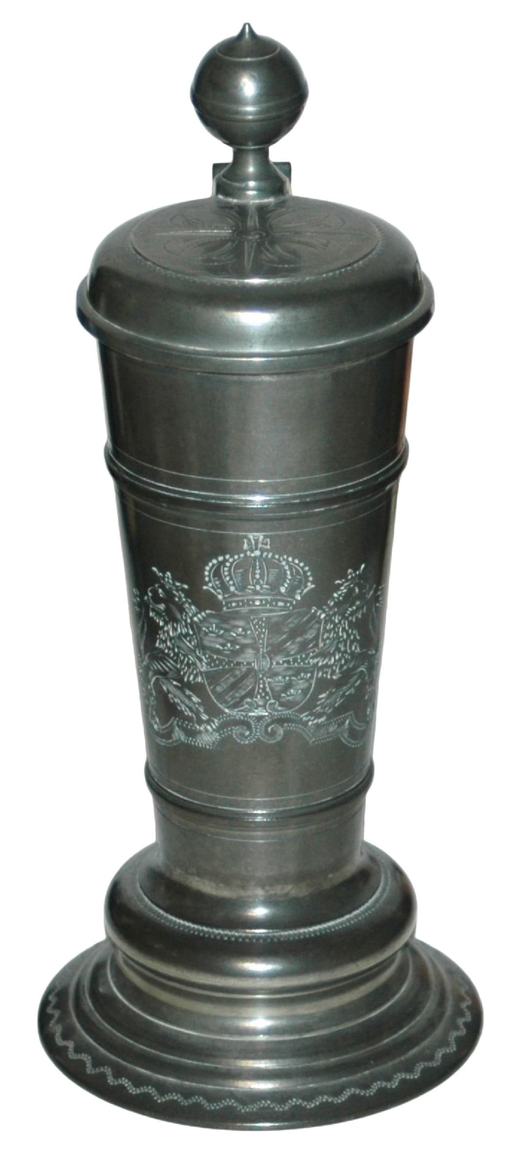 3/10L Swedish Rourkin Engraved Shield & Lid: Pewter Swedish Rourkin 3/10L. Engraved shield. Engraved design on lid. Mint.