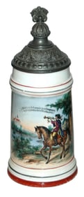 Trumpeter on Horse Stein w Fancy Lid & Litho