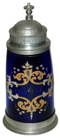 1L Enamel Floral Cobalt Glass Stein w Fancy Pewter