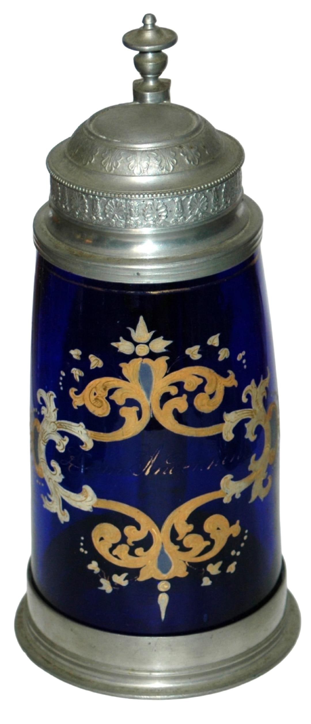 1L Enamel Floral Cobalt Glass Stein w Fancy Pewter: Blown Cobalt Glass 1L. Pasty enamel floral. Fancy pewter lid and base rim. Mint.