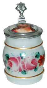 Enamel Floral Milk Glass Stein w Jesus Inlay Lid