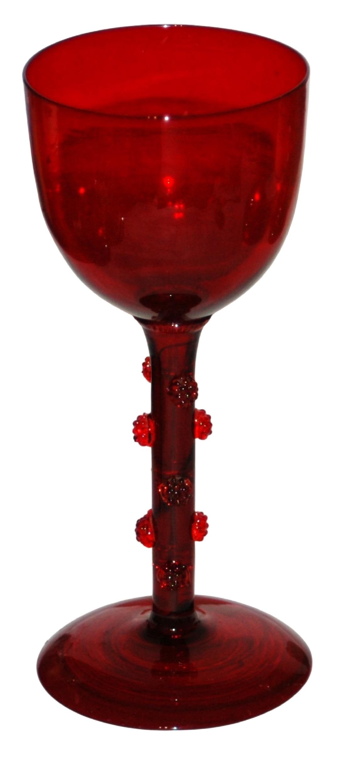8" Ruby Glass Goblet w Applied Prunts on Stem: Blown Ruby Glass 8” Goblet. Applied prunts all over the stem. Mint.