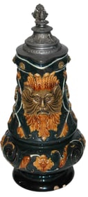 2L Majolica Schiller Stein w Bearded Face & Floral