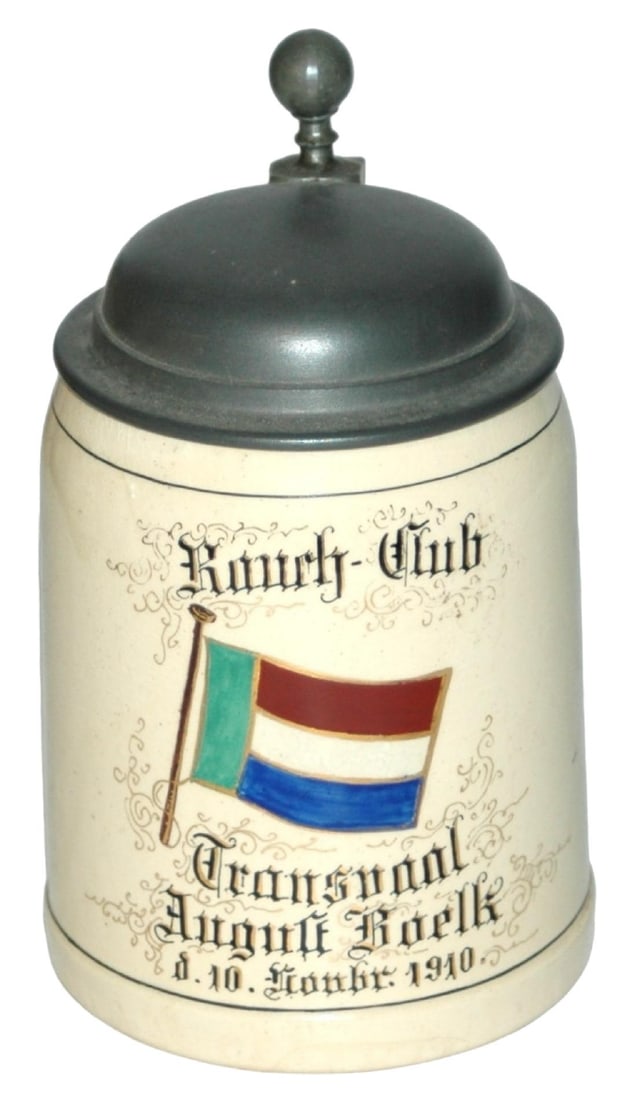 4/10L Mettlach "Rauch Club Trans " Flag Stein: Mettlach #1526 POG 4/10L. “Rauch Club Trans August Boelk November 10 1910.” Mint.
