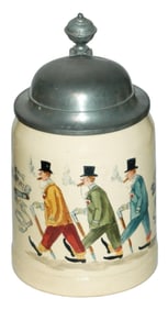 Mettlach Walking Men Smoke Cigars w Canes Stein