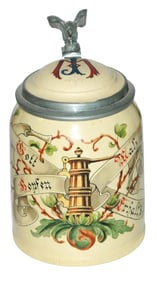 Mettlach Wooden Stein Floral w Inlay & Eagle Lid