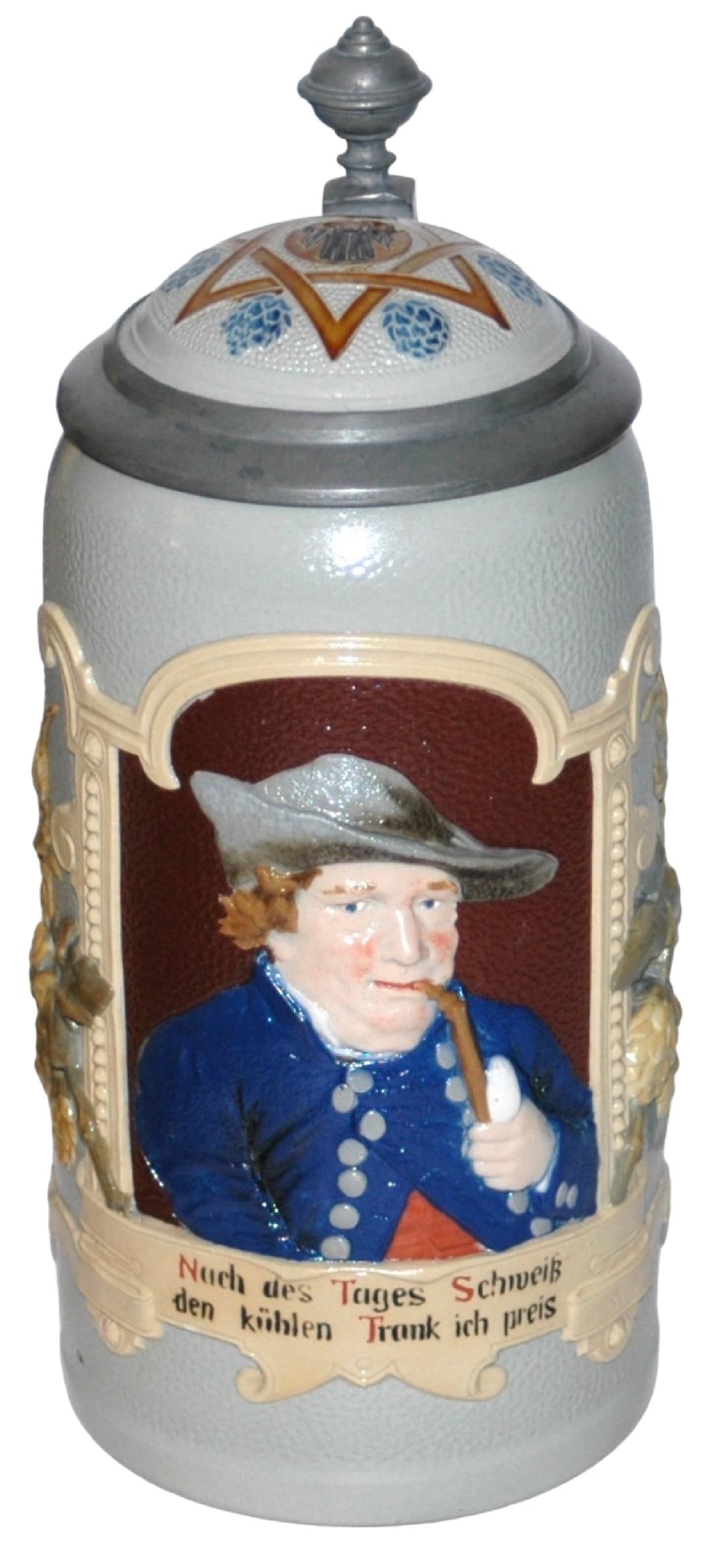 1L Mettlach Man w Pipe Stein w Brewer Symbol Lid (1 of 5)