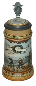 Mettlach Men in a Bicycle Race Stein w Inlay Lid