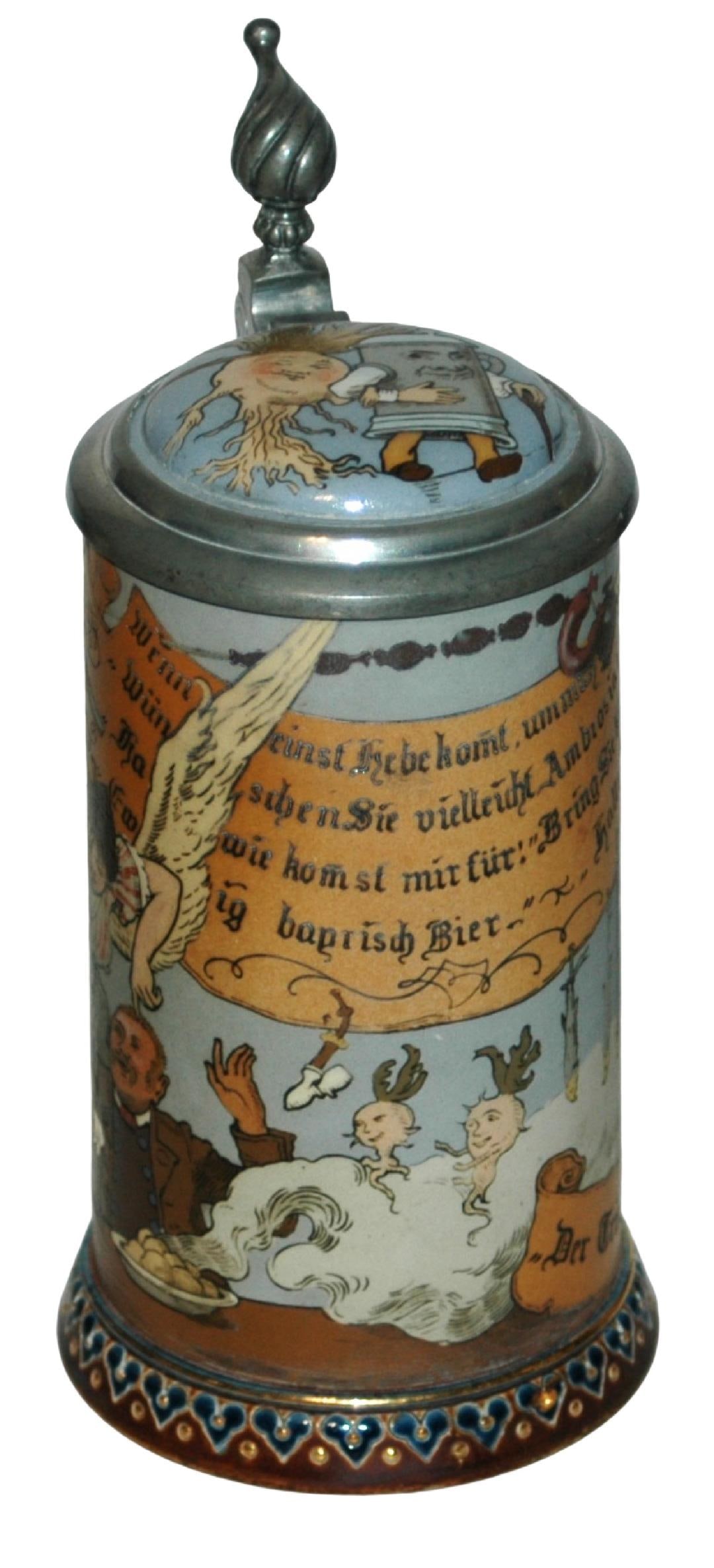 Mettlach Schlitt Angel Served Man in Pub Stein: Mettlach #2089 Etched 1/2L. Schlitt. Angel serves man in pub. Inlay lid. Mint.