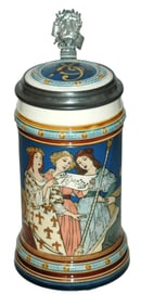 Mettlach Women Sing w Harp Player Etched Stein