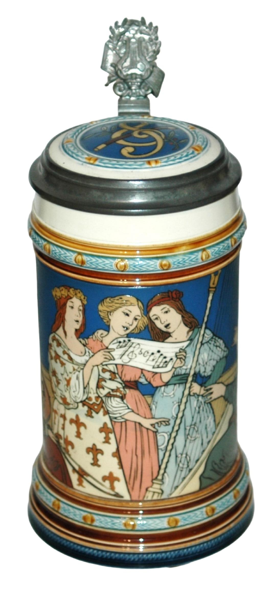 Mettlach Women Sing w Harp Player Etched Stein: Mettlach #2581 Etched 1/2L. Three women sing to harp player. Inlay lid. Mint.