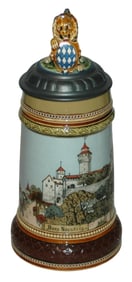 Mettlach Nurnberg Castle Stein w Lion & Shield Lid