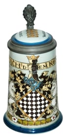 Mettlach Chess Board & Pieces Stein w Inlay Lid