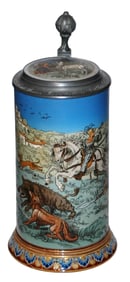 1L Mettlach Boar Hunting Scenes Stein w Inlay Lid