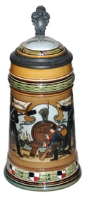 Mettlach Soldier Tapping a Wine Keg Stein w Inlay