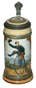 Mettlach High Wheel Bicycle Rider Stein wInlay Lid