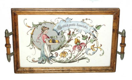 14 x 9" Mettlach Girl w Fruit Framed Serving Tray