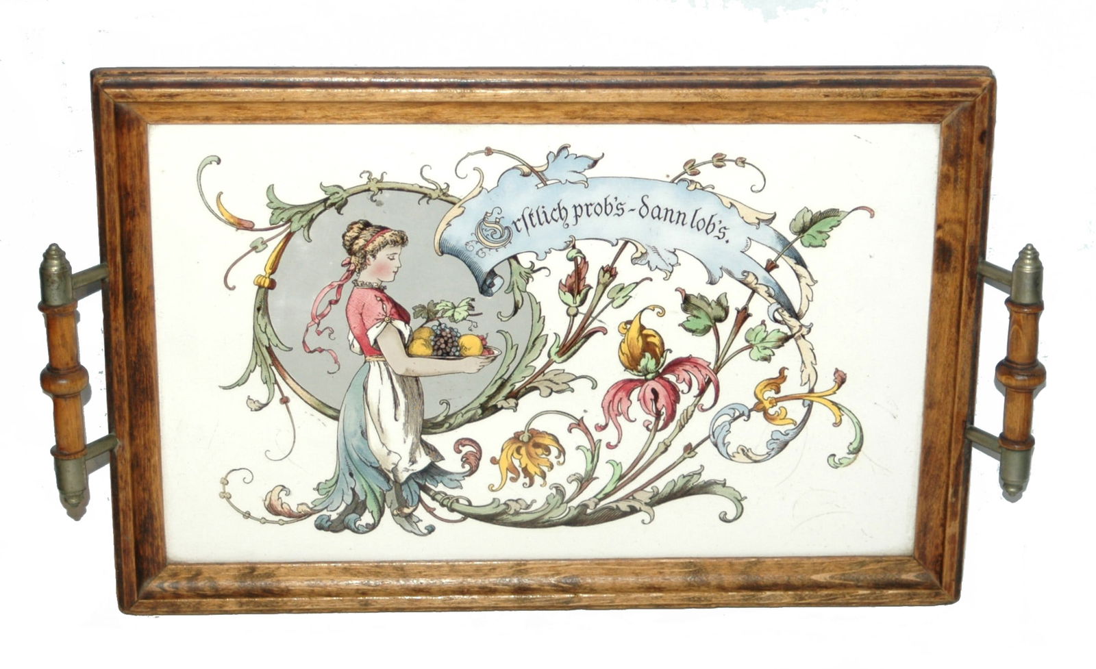 14 x 9" Mettlach Girl w Fruit Framed  Serving Tray (1 of 1)