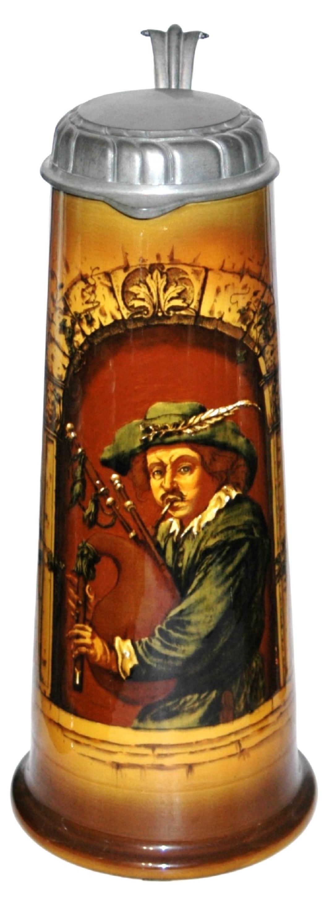 2L Mettlach Rookwood Man w Bagpipes a Window Stein: Mettlach Rookwood #2785/6130 PUG 2L. Man plays the bagpipes at window. Mint.