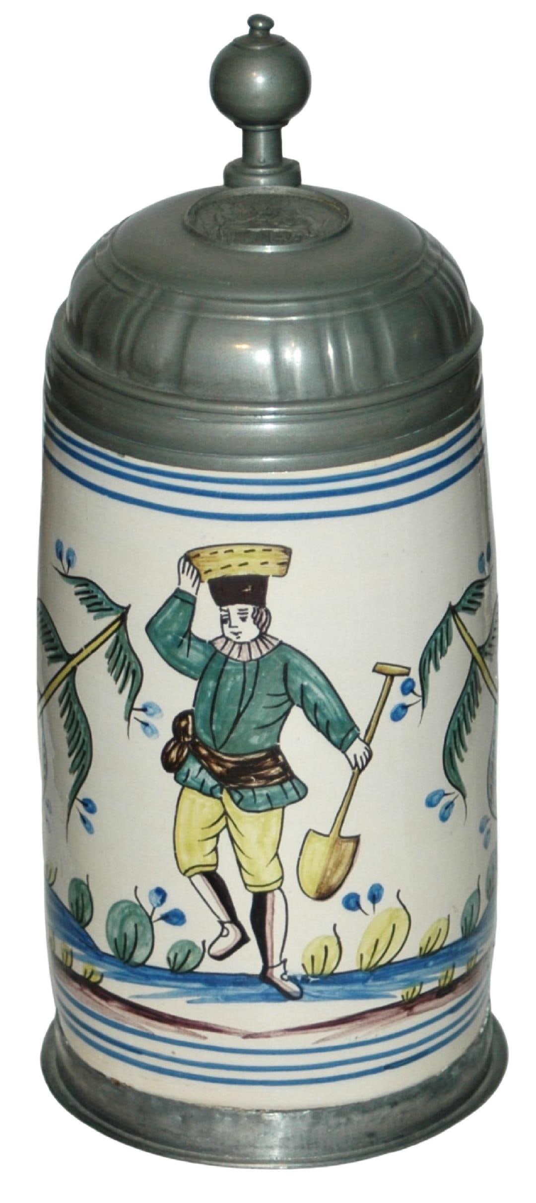 1L Thuringen Worker Stein c.1750 w Medallion Lid: Faience Stein 1L Thuringen Factory. Worker with shovel. Medallion on lid. Circa 1750. Very good condition.