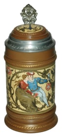 Mettlach Loving Couple& Stork Stein w Anchor Inlay