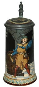Mettlach Innkeeper in Wine Cellar Stein w Inlay Ld