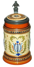 Mettlach Mosaic Four Floral Panels Stein w Inlay