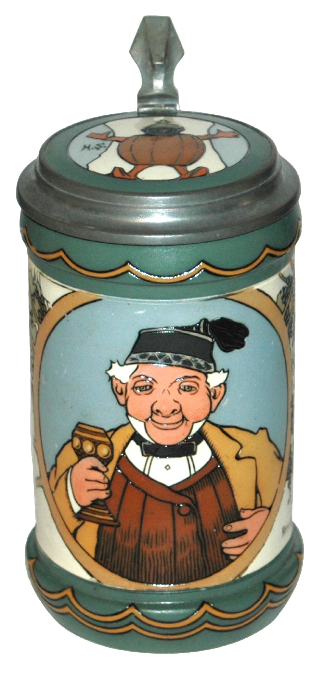 Mettlach Man wears Barrel & Holds Goblet Stein: Mettlach #3092 Etched 1/2L. Man holds a goblet wearing a barrel beneath coat. Inlay lid. Mint.